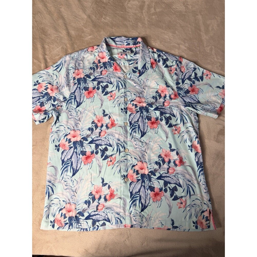 Tommy Bahama Shirt Mens XLarge Blue Floral Silk Short Sleeve Button Up Casual XL - Picture 2 of 11